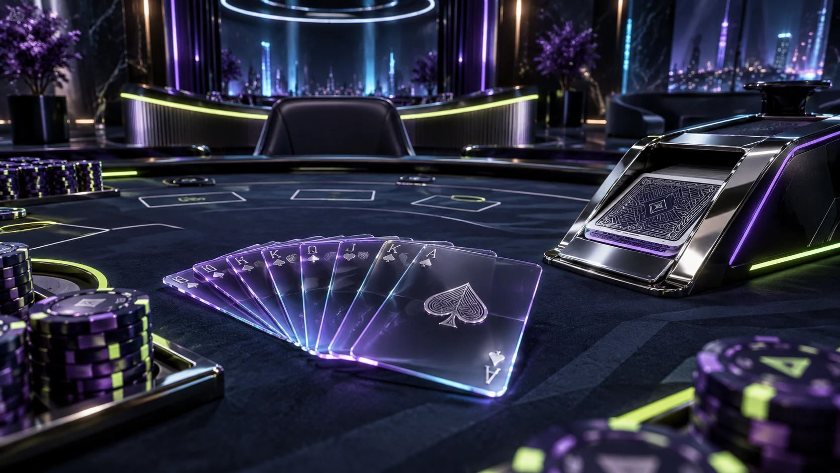 Glass playing cards at a futuristic casino table