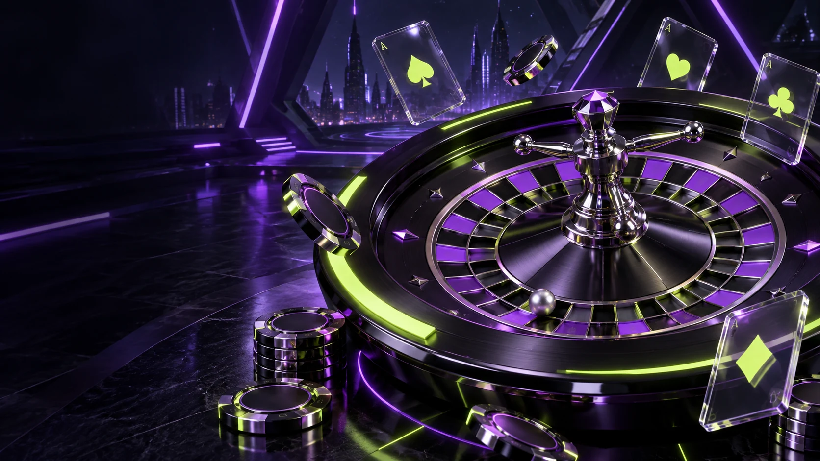 Futuristic roulette table with purple and lime lighting