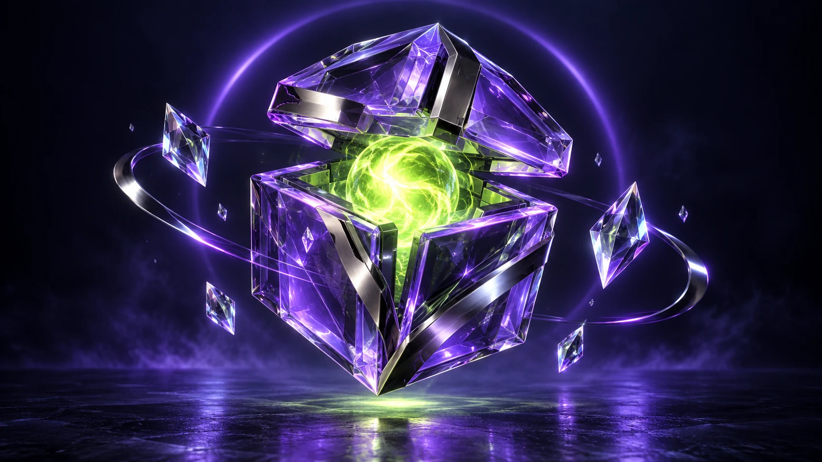 Floating violet reward cube with a lime energy core