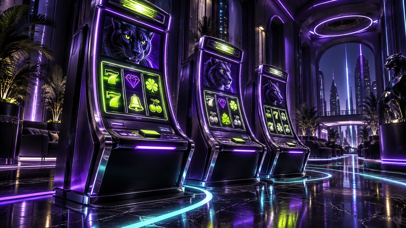 Purple slot cabinets in a neon arcade lounge