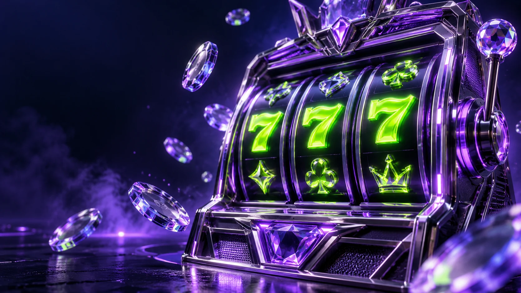 Neon purple slot machine with chrome coins